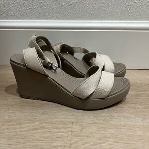 CROCS Cream and Brown Wedge Sandals with Ankle Strap